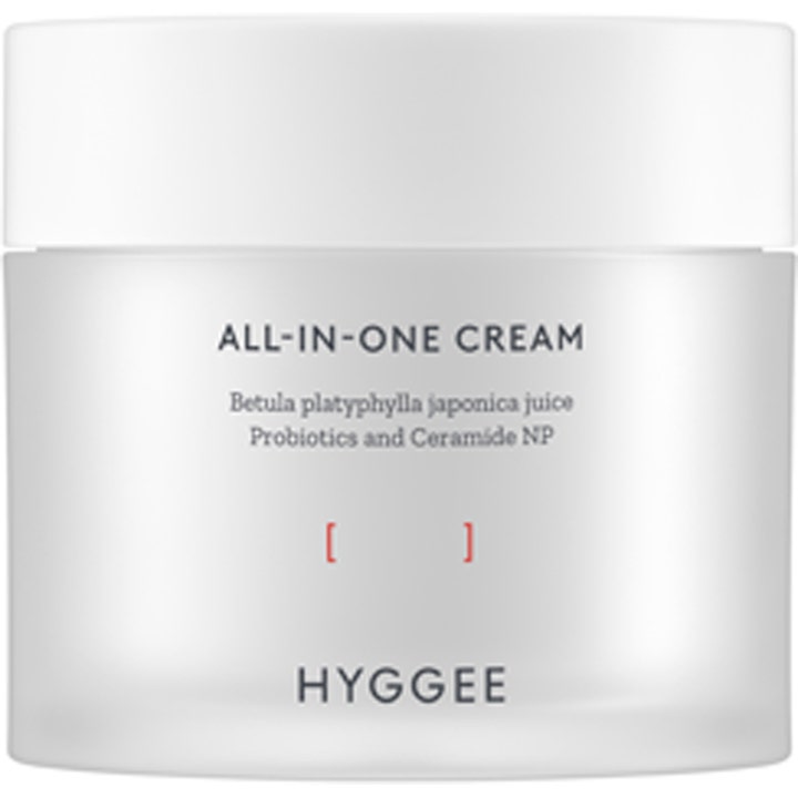 HYGGEE All-In-One Cream probiootteja sisältävä kosteuttava kasvovoide huurretussa valkoisessa lasipurkissa