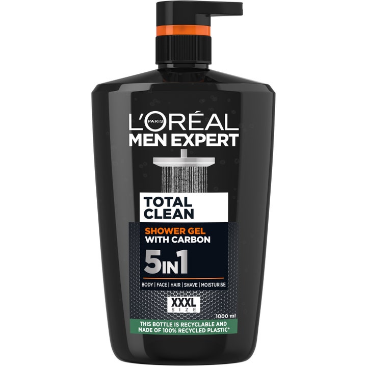 L'Oréal Men Expert Total Clean 1000 ml puhdistava hiiltä sisältävä suihkugeeli mustassa XXXL-pumppupullossa