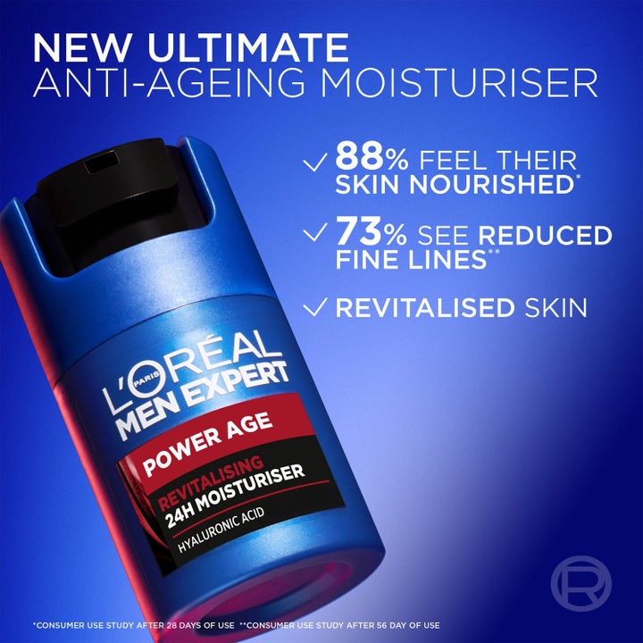 L'Oréal Paris Men Expert Power Age 65 ml hyaluronihappoa sisältävä anti-age-voide sinisessä pumppupullossa.