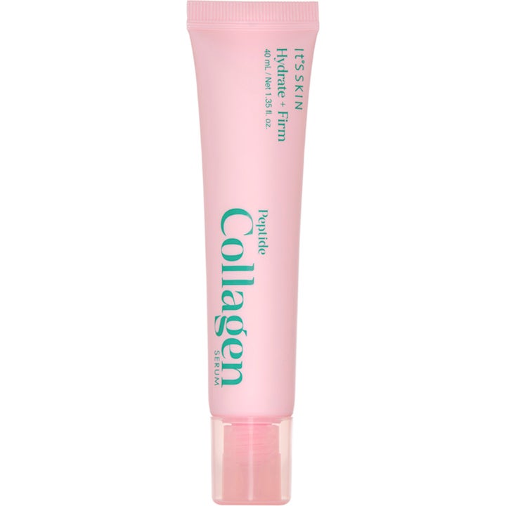 It'S SKIN Peptide Collagen Serum 40 ml kosteuttava kasvoseerumi vaaleanpunaisessa tuubissa turkoosilla tekstillä.