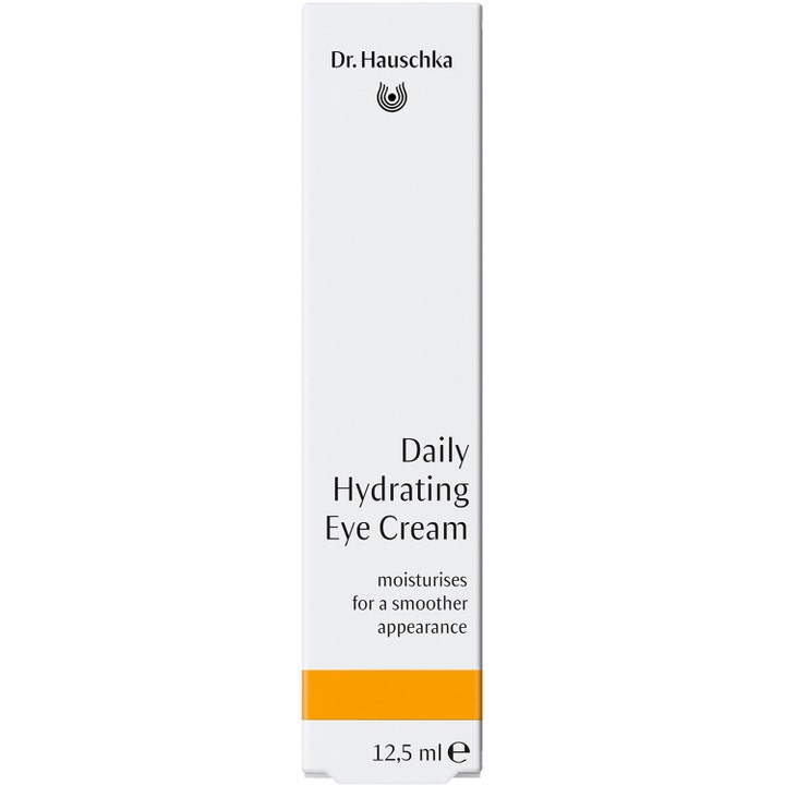 Dr. Hauschka Daily Hydrating Eye Cream 12,5 ml kosteuttava silmänympärysvoide valkoisessa oranssiraitaisessa kotelossa