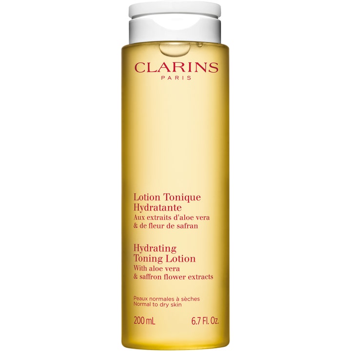 Clarins Hydrating Toning Lotion 200 ml kosteuttava kasvovesi aloe veralla keltaisessa pullossa ja valkoisella korkilla.