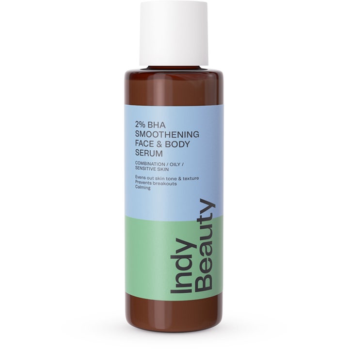 Indy Beauty 2% BHA Smoothening Face & Body Serum 125 ml silottava seerumi ruskeassa pullossa valkoisella korkilla.
