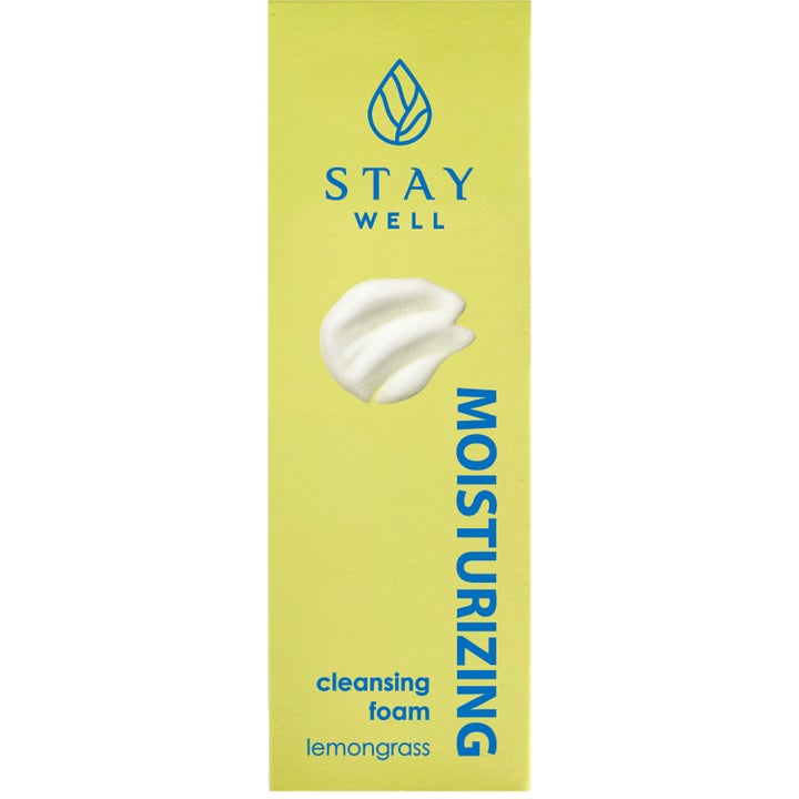 Stay Well Moisturizing Cleansing Foam Lemon Grass 150 ml kosteuttava puhdistusvaahto keltaisessa pakkauksessa vaahtokuvalla.