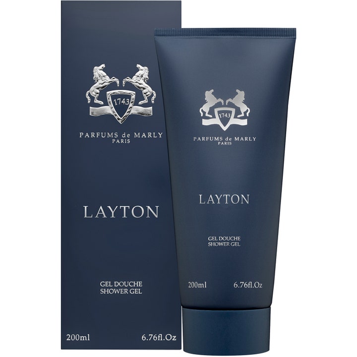 Parfums de Marly Layton 200 ml puhdistava suihkugeeli tummansinisessä tuubissa ja pakkauksessa.