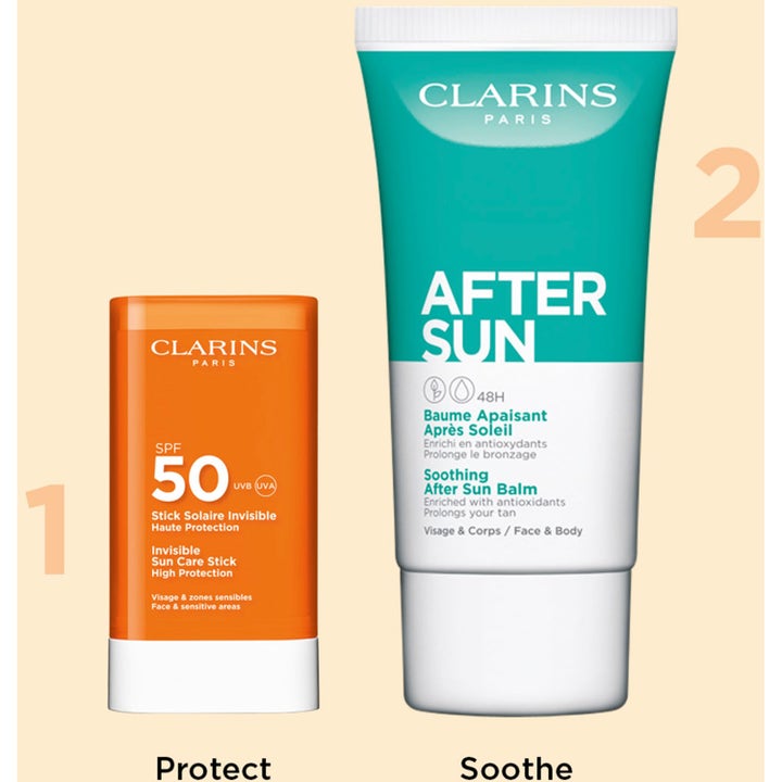 Clarins Invisible Sun Care Stick SPF50 17 g aurinkosuojapuikko ja After Sun Balm tuubi ihon suojaamiseen.