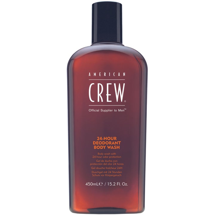 American Crew 24-Hour Deodorant Body Wash 450 ml raikastava suihkugeeli ruskeassa muovipullossa mustalla korkilla
