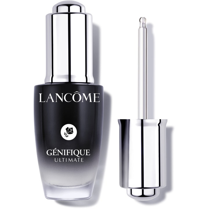 Lancôme Génifique Ultimate 30 ml seerumi korjaa ihoa mustassa liukuvärjätyssä lasipullossa.