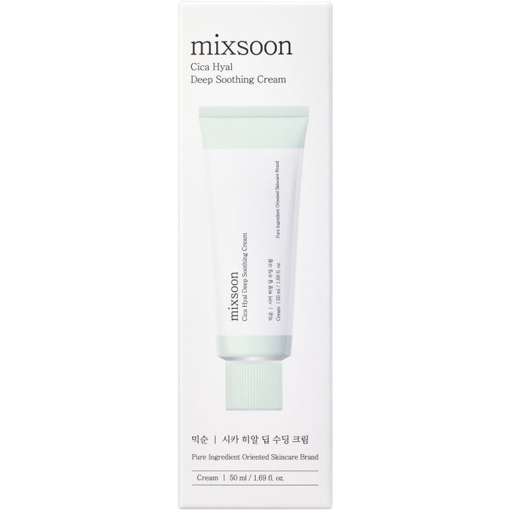 Mixsoon Cica Hyal Soothing Cream 50 ml rauhoittava kasvovoide valkoisessa pakkauksessa jossa on mintunvihreä tuubi