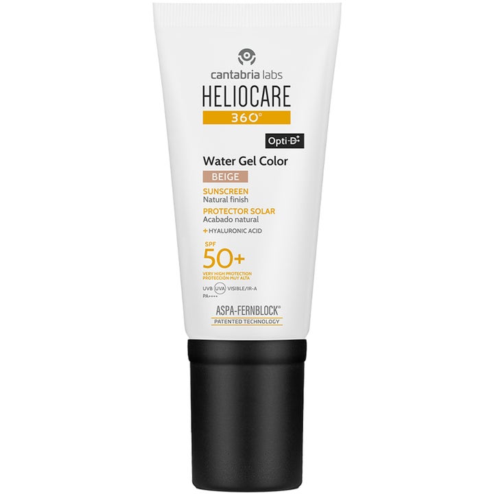 Heliocare 360 Water Gel Color Beige SPF 50+ suojaava ja sävyttävä aurinkosuojageeli valkoisessa tuubissa mustalla korkilla