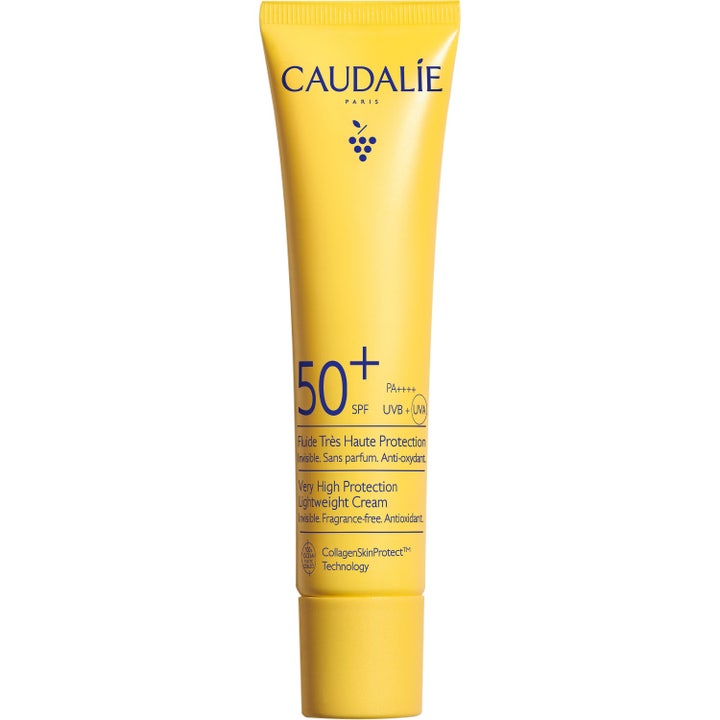 Caudalie Vinosun Very High Protection Lightweight Cream SPF 50+ aurinkovoide keltaisessa tuubissa suojaa ihoa.