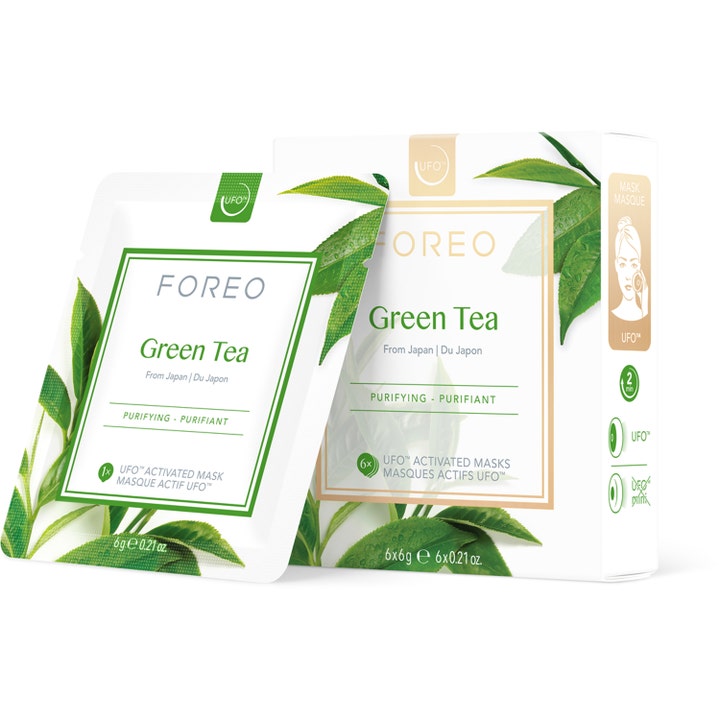 FOREO Green Tea 6 kpl puhdistava kasvonaamio, jonka pakkauksessa on vihreitä teenlehtiä ja valkoisia pusseja.