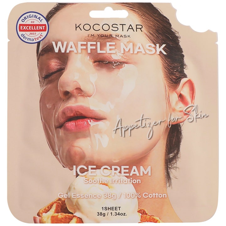Rauhoittava Kocostar Waffle Mask Ice Cream 40 g kangasmaski vaaleassa pakkauksessa, jossa on vohvelikuvio.