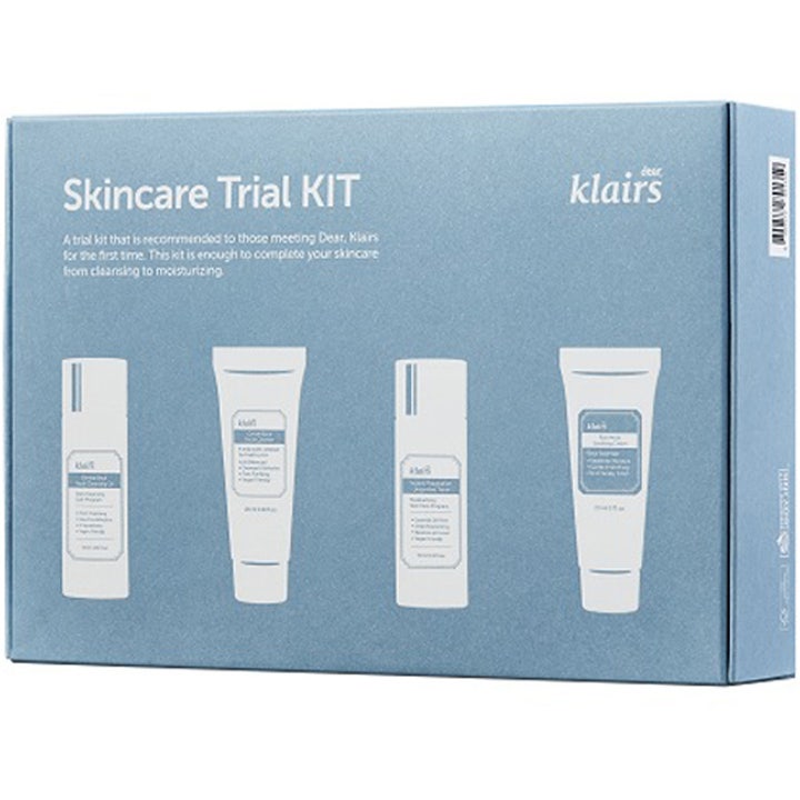 Klairs Skincare Trial KIT ihonhoitosetti rauhoittaa ja kosteuttaa ihoa sinisessä pahvipakkauksessa.