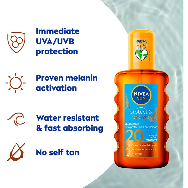 NIVEA Sun Protect & Bronze Oil SPF20 200 ml vedenkestävä aurinkosuojaöljy rusketuksen aktivoimiseen oranssissa pullossa.