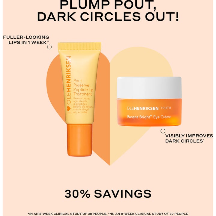 Ole Henriksen Clinical Quick Fix Mini Set 14 ml kirkastava silmänympärysvoide ja huulihoito oransseissa pakkauksissa.