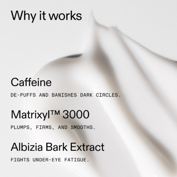 The INKEY List Caffeine Eye Cream 15 ml virkistävä silmänympärysvoide raikkaalla ja valkoisella voidekoostumuksella.