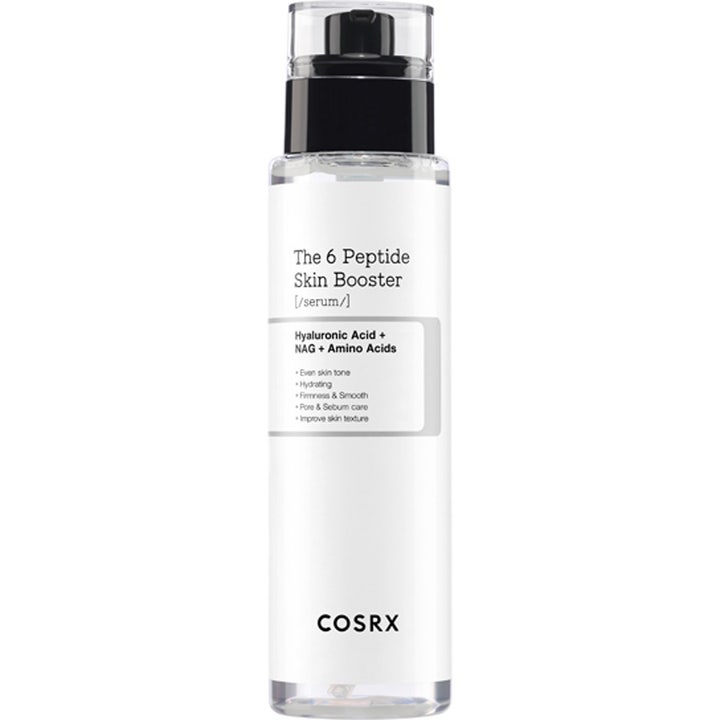 COSRX The 6 Peptide Skin Booster 150 ml kosteuttava ja kiinteyttävä seerumi kirkkaassa pumppupullossa.