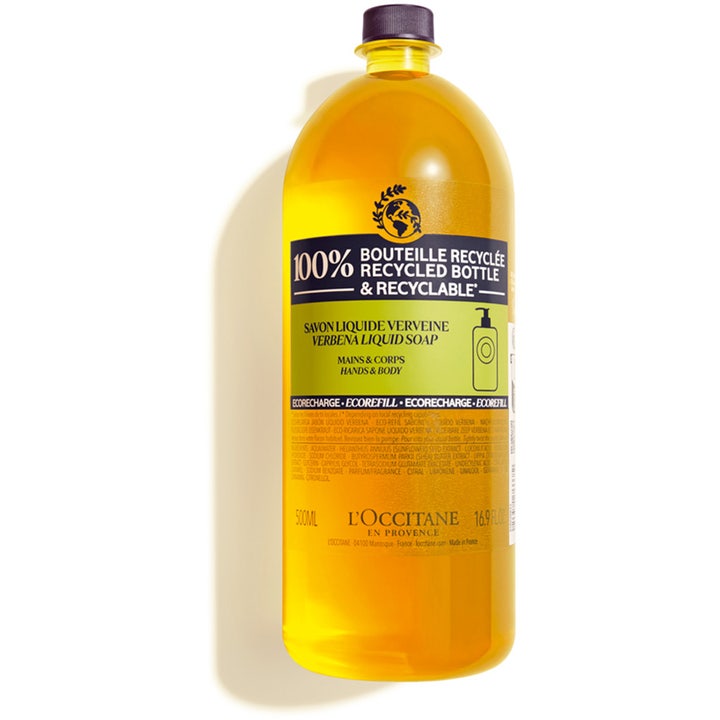 L'Occitane Verbena Liquid Soap 500 ml täyttöpakkaus puhdistaa kädet keltaisessa muovipullossa.