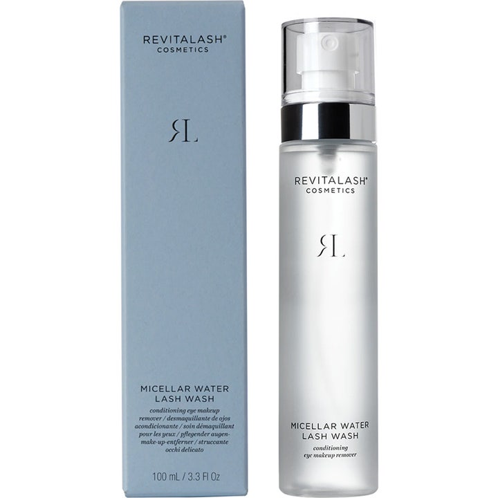 RevitaLash Micellar Water Lash Wash 100 ml puhdistava silmämeikin poistoaine huurteisessa pullossa ja sinisessä pakkauksessa.