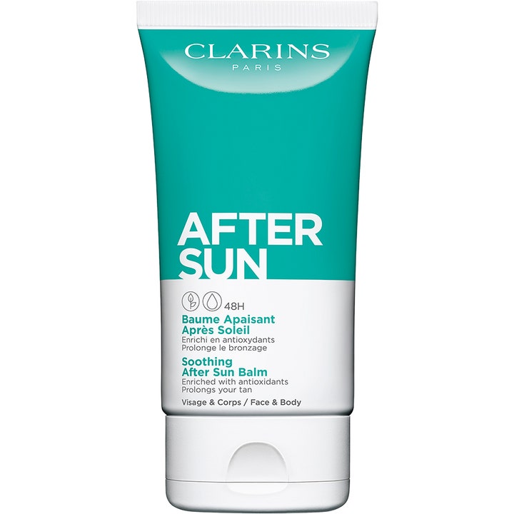 Clarins After Sun Soothing Balm rauhoittava voide pidentää rusketusta turkoosissa tuubissa jossa on valkoinen korkki