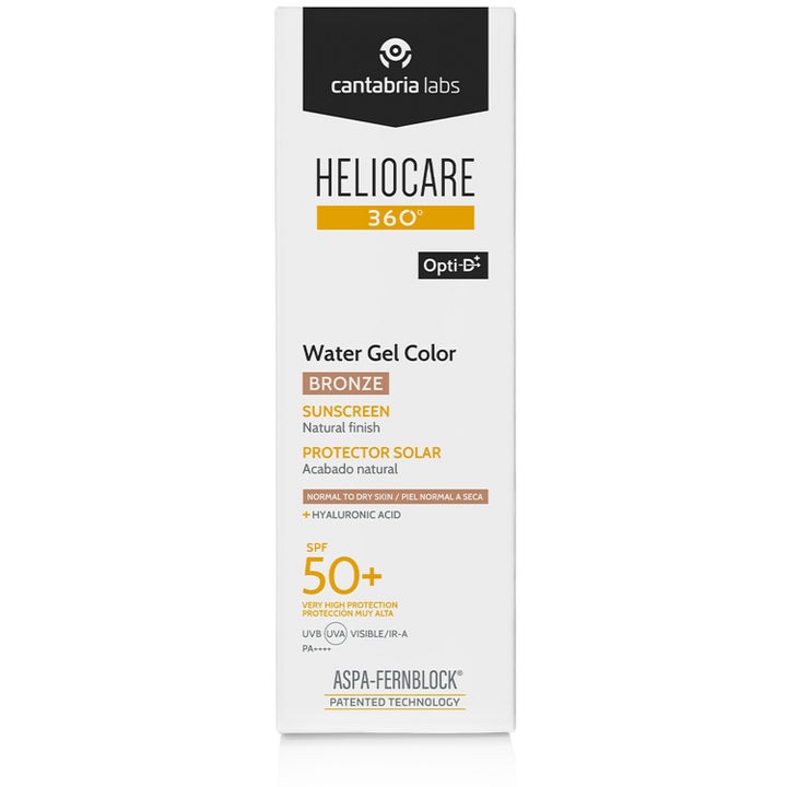Heliocare Water Gel Color 50 ml Bronze sävyttävä aurinkovoide kasvoille hyaluronihapolla valkoisessa pakkauksessa.