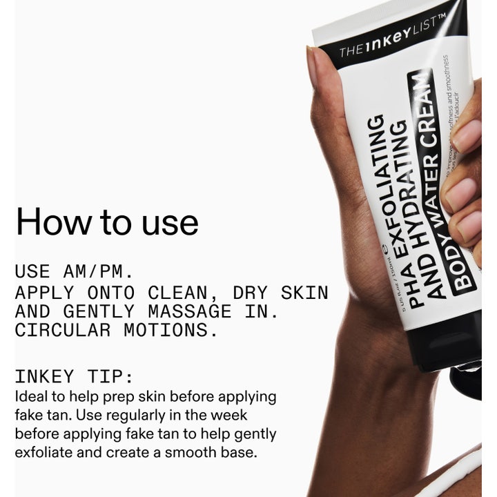 The INKEY List PHA Exfoliating and Hydrating Body Water Cream 150 ml kuoriva vartalovoide ja käyttöohjeet.