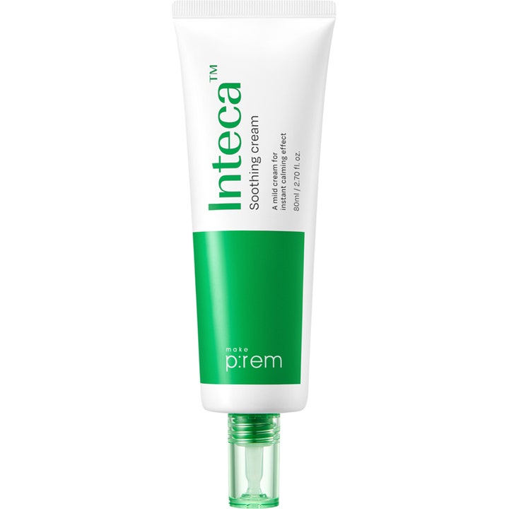 make p:rem Inteca Soothing Cream 80 ml rauhoittava kasvovoide valkoisessa tuubissa jossa on vihreä raita ja kirkas korkki