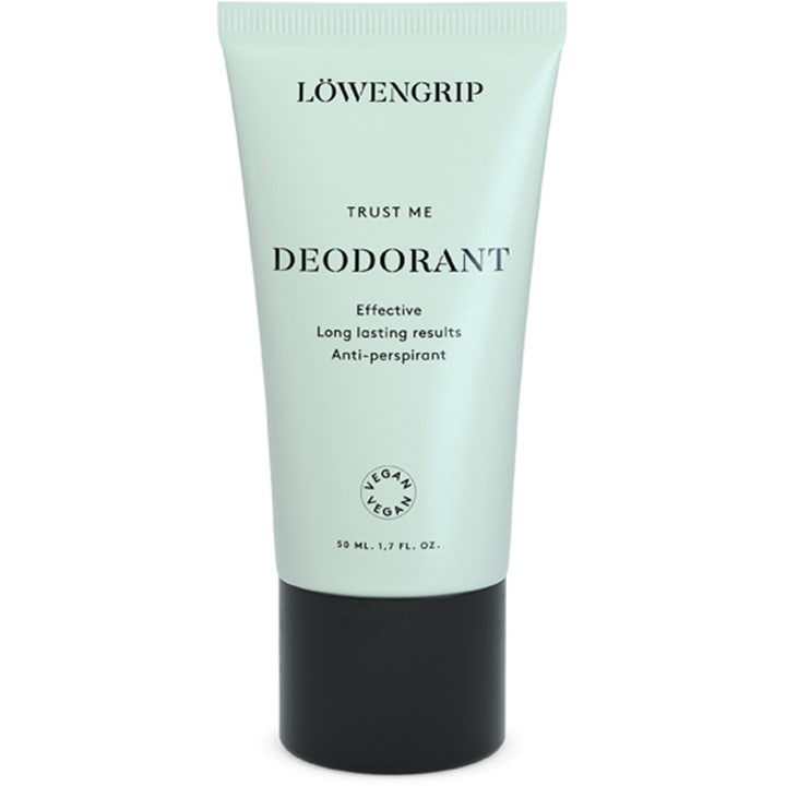 Löwengrip Trust Me Deodorant 50 ml tehokas antiperspirantti vaaleanvihreässä tuubissa mustalla korkilla.
