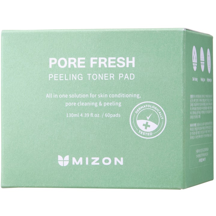 Mizon Pore Fresh Peeling Toner Pad 200 ml kuoriva kasvovesi syväpuhdistaa ihohuokoset vaaleanvihreässä pakkauksessa.
