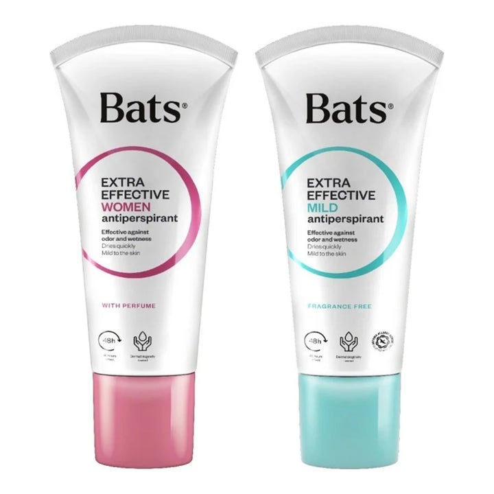Bats Extra Effective antiperspiranttivoide antaa suojan valkoisissa tuubeissa joissa on punaiset ja turkoosit yksityiskohdat.
