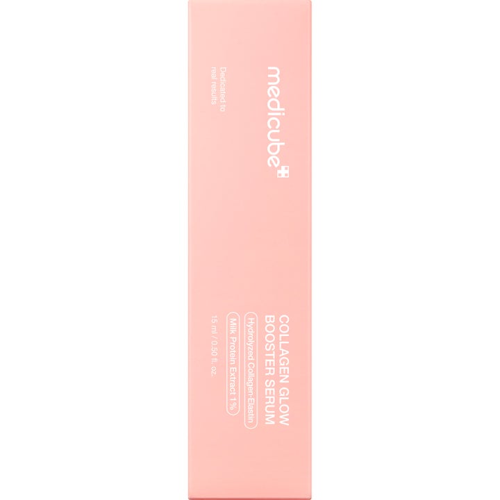 Medicube Collagen Glow Booster Serum 15 ml heleyttävä seerumi vaaleanpunaisessa pahvisessa ulkopakkauksessa