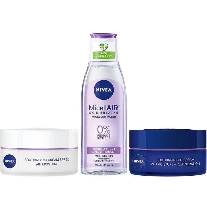 Nivea Soothing ihonhoitosetti 200ml rauhoittava kasvojenhoito kirkas misellivesipullo sekä valkoinen ja sininen purkki