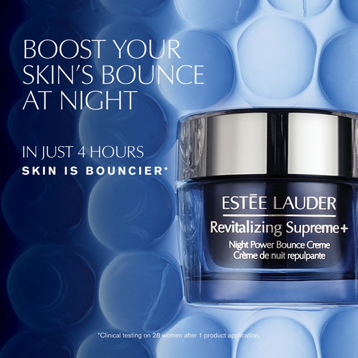 Estée Lauder Revitalizing Supreme + Night Power Bounce Creme 50 ml kiinteyttävä yövoide sinisessä lasipurkissa.