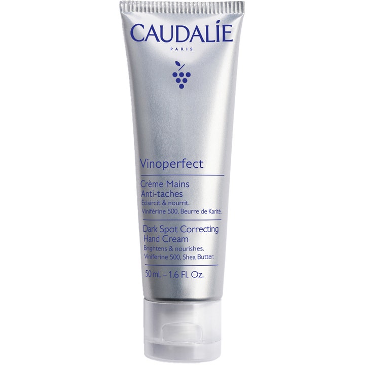 Caudalie Vinoperfect Dark Spot Correcting Hand Cream 50 ml kirkastava käsivoide hopeanvärisessä tuubissa.