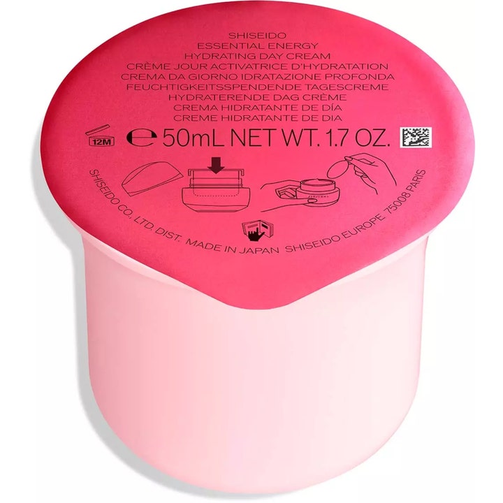 Shiseido Essential Energy Hydrating Day Cream 50ml kosteuttava päivävoide vaaleanpunainen täyttöpakkaus ohjekuvituksella.