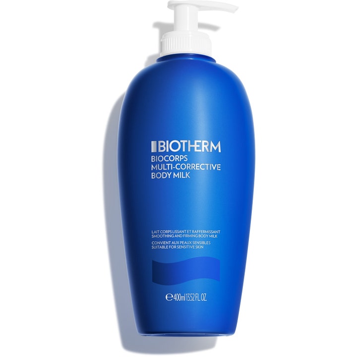 Biotherm Biocorps Multi-Corrective Body Milk 400 ml silottava vartalomaito sinisessä pullossa valkoisella pumpulla.