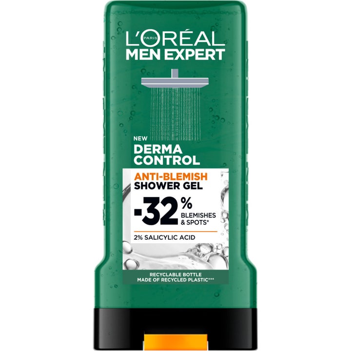 L'Oréal Men Expert Derma Control Anti-Blemish Shower Gel epäpuhtauksia vähentävä suihkugeeli vihreässä muovipullossa.