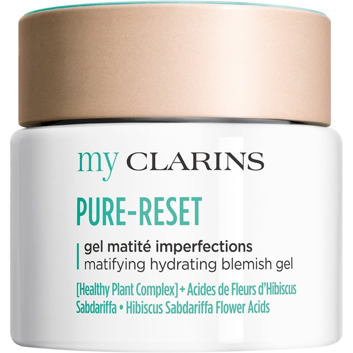 My Clarins Pure-Reset Matifying Hydrating Blemish Gel mattapintainen kasvovoide valkoisessa lasipurkissa.