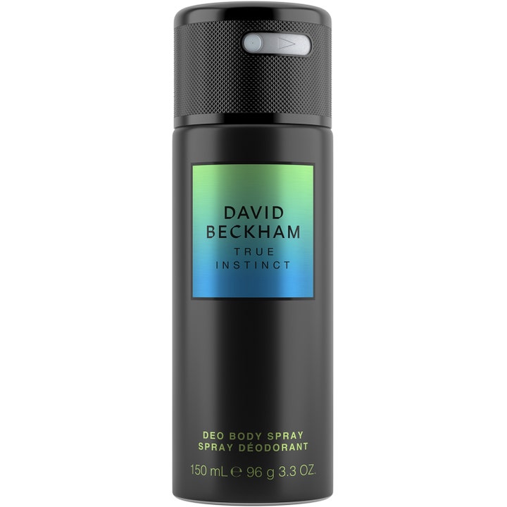 David Beckham True Instinct 150 ml raikkautta antava deosuihke mustassa pullossa, jossa on vihreän ja sinisen sävyinen etiketti.