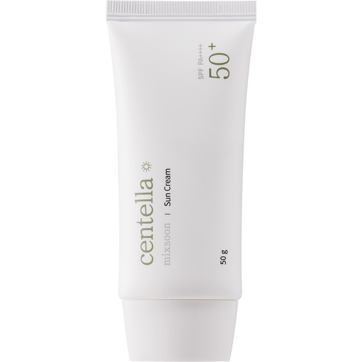 Mixsoon Centella Sun Cream 50 g rauhoittava aurinkovoide korkealla UV-suojalla valkoisessa minimalistisessa tuubissa