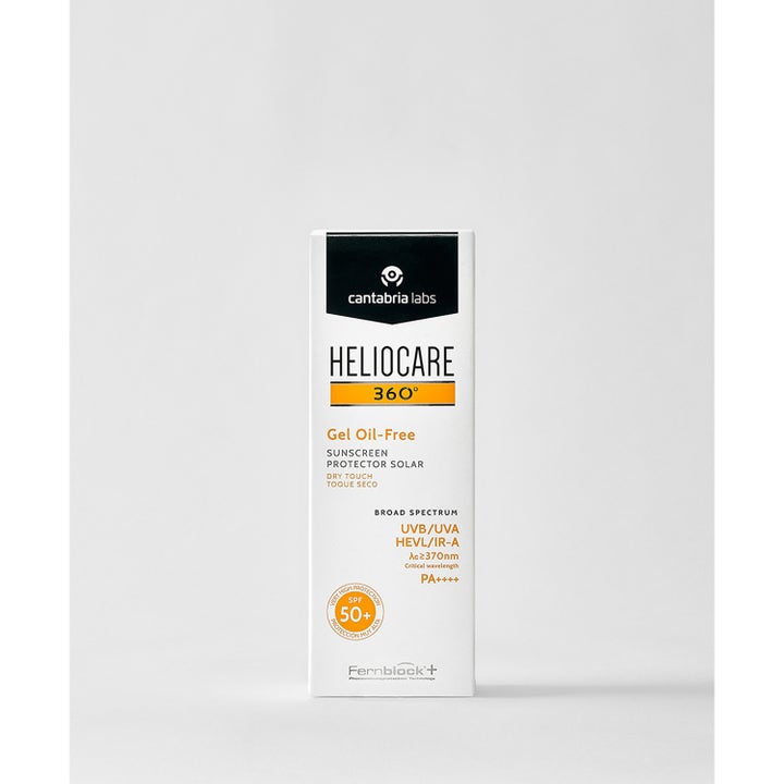 Heliocare 360° Gel Oil-Free 50 ml aurinkovoide antaa mattapinnan valkoisessa pahvipakkauksessa SPF 50+