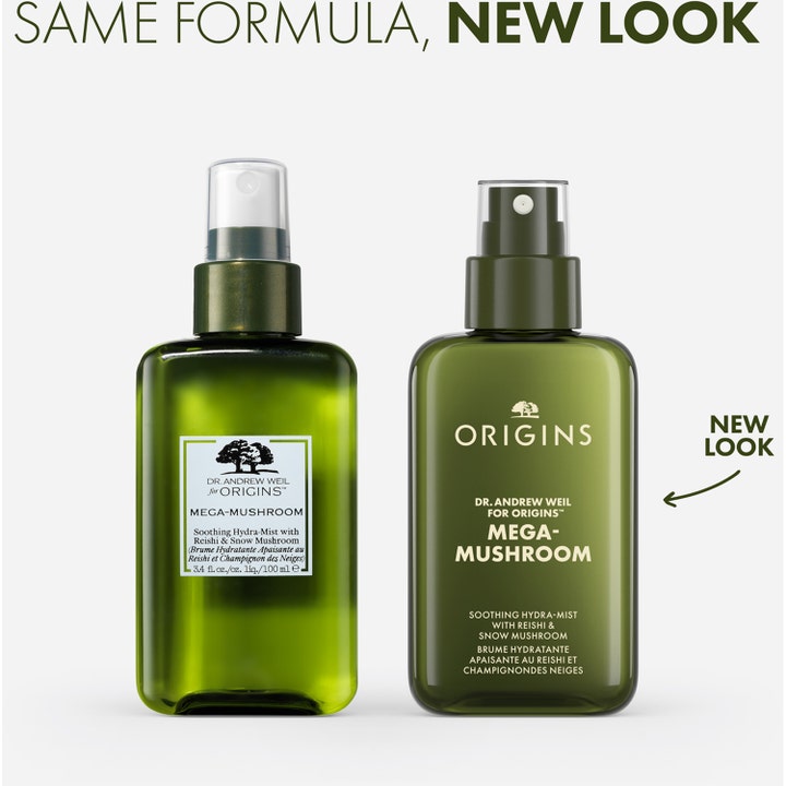 Origins Dr. Weil Mega-Mushroom Soothing Hydra-Mist 100 ml rauhoittava kasvosuihke vanhassa ja uudessa pakkauksessa.