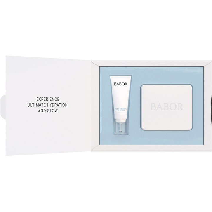 Babor Fresh & Smooth Eye Serum & Cooling Eye Pads 2 kpl heleyttävä silmänympäryshoito valkoisessa lahjapakkauksessa.