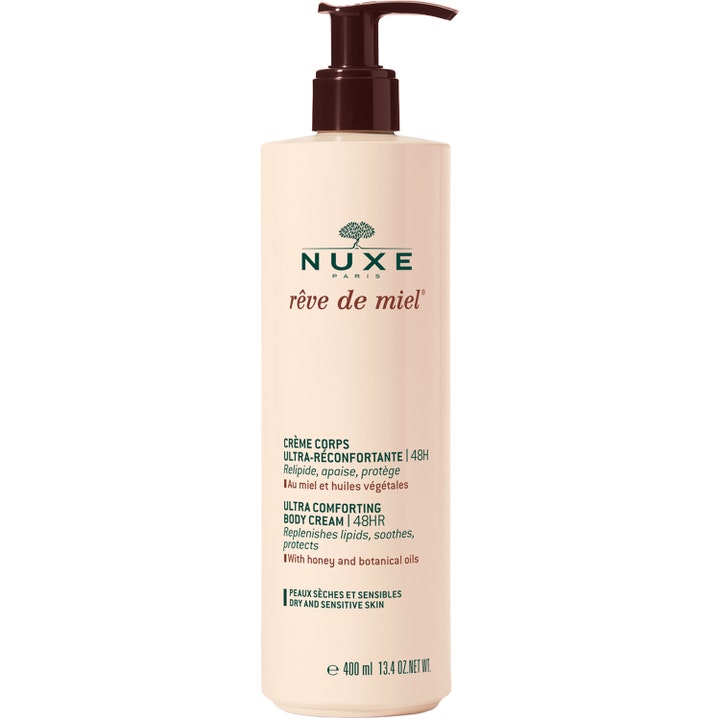 Nuxe Rêve de Miel 400 ml ravitseva vartalovoide kuivalle iholle beigessä pumppupullossa tummanruskealla korkilla