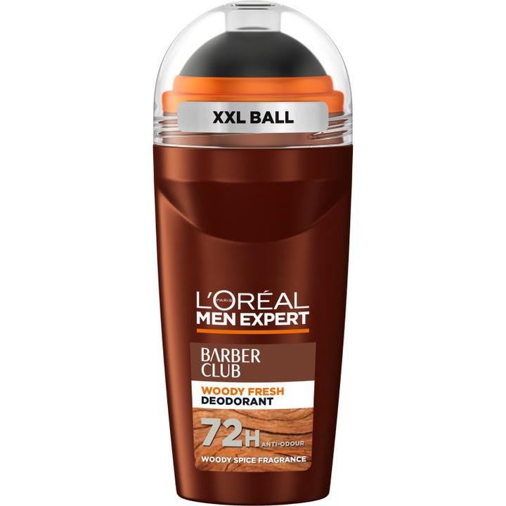 L'Oréal Men Expert BarberClub 48H Protective Deodorant puumainen roll-on ruskeassa pakkauksessa mustalla pallopäällä.