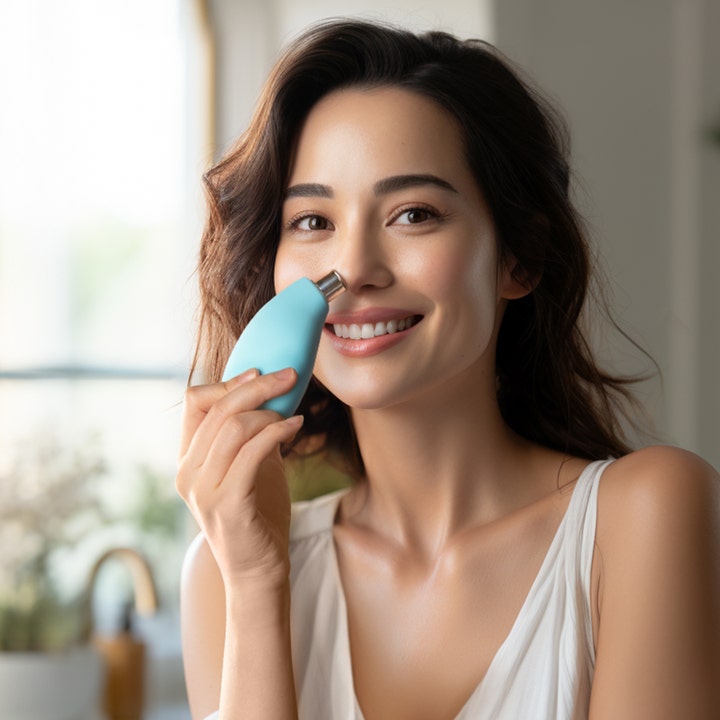 FOREO KIWI 1 kpl ihohuokosten imupuhdistaja jolla nainen puhdistaa nenän ihoa kotona.