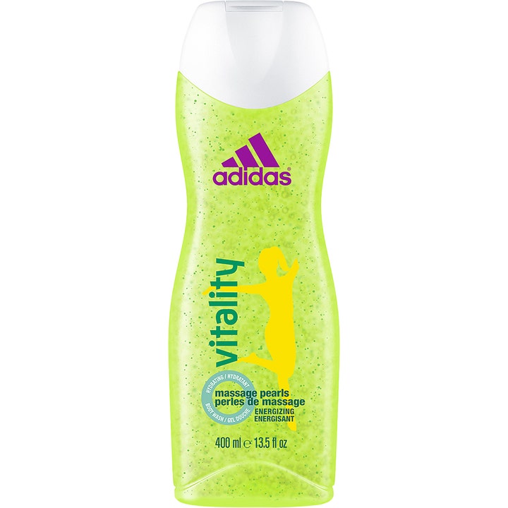 Adidas Vitality 400 ml virkistävä suihkugeeli sisältää kirkasta limeenvihreää geeliä ja hierovia helmiä