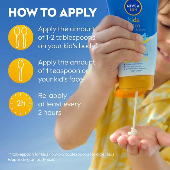 NIVEA Kids Ultra Protect & Play Sun Lotion 150 ml aurinkovoide lapsille ohjeistaa voiteen annostelun