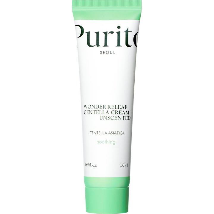 Purito Wonder Releaf Centella Cream Unscented 50 ml rauhoittava kasvovoide valkoisessa tuubissa vihreällä korkilla.